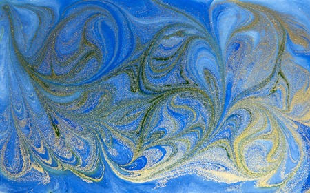 Blue and golden liquid texture, watercolor hand drawn marbling illustration, abstract background.の写真素材