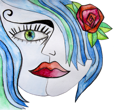 Watercolor abstract girl with red flower in her blue hair.の写真素材