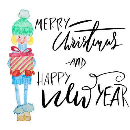 Girl holding a gift box with handwritten inspiration. Wish you a merry Christmas and happy new year lettering.の写真素材