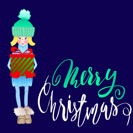 Girl holding a gift box with handwritten inspiration. Wish you a merry Christmas lettering.のイラスト素材