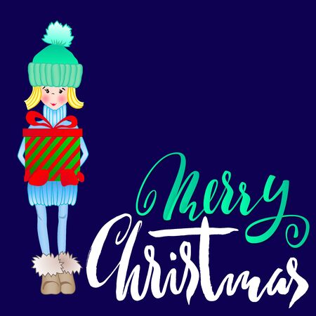 Girl holding a gift box with handwritten inspiration. Wish you a merry Christmas lettering.のイラスト素材
