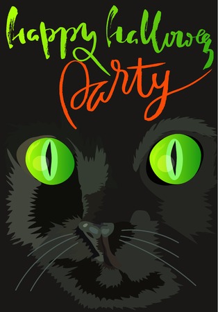 Halloween black cat with green eyes. Halloween handwritten lettering.のイラスト素材