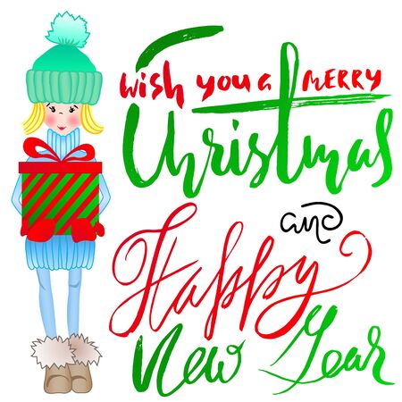 Girl holding a gift box with handwritten inspiration. Wish you a merry Christmas and happy new year lettering.のイラスト素材