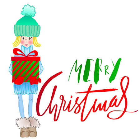 Girl holding a gift box with handwritten inspiration. Wish you a merry Christmas lettering.のイラスト素材