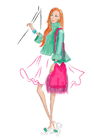 Girl in beautiful and romantic outfit. Fashion lookのイラスト素材