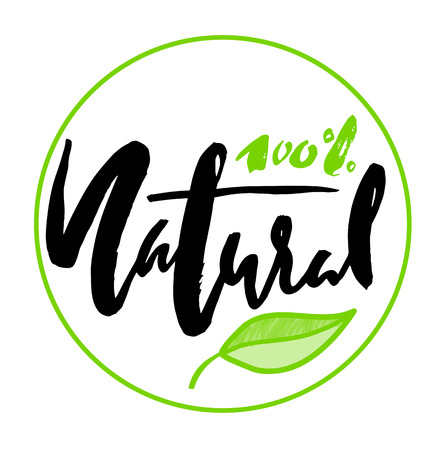 100 percent natural. Modern brush calligraphy. Handwritten ink lettering. Hand drawn design elementsのイラスト素材