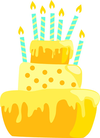 Yellow anniversary cake with candles decorations in light pastel colors.のイラスト素材