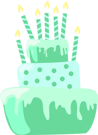 Mint color anniversary cake with candles decorations in light pastel colors.のイラスト素材