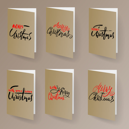 Merry Christmas card template set with lettering elements in gold metallic color. Ideal for xmas greetings.のイラスト素材