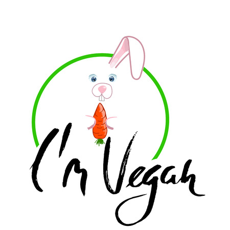 Rabbit with ribbon and carrot. I am vegan lettering. illustrationのイラスト素材