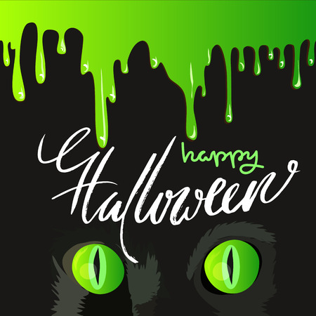 Happy Halloween Black Cat Cute Design. green drops.のイラスト素材