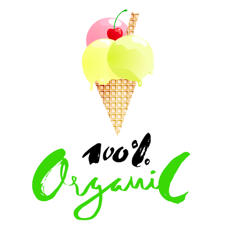 Ice cream cartoon with 100 percent organic lettering isolated.のイラスト素材