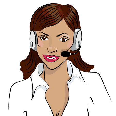 Dispatcher. The image of the smiling african woman talking on a headphone. illustrationのイラスト素材