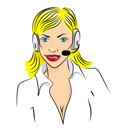 illustration of smiling cute woman working as telephone operator.のイラスト素材