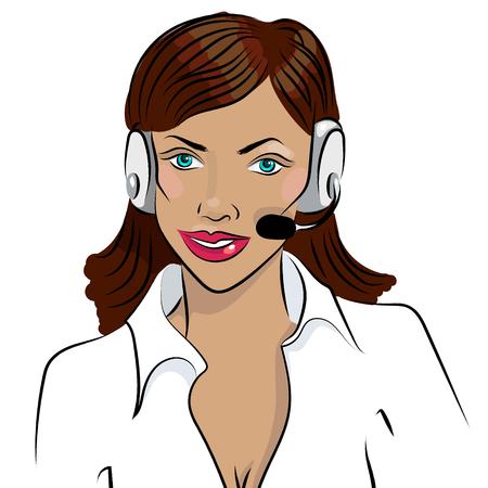 Dispatcher. The image of the smiling african woman talking on a headphone. illustrationのイラスト素材