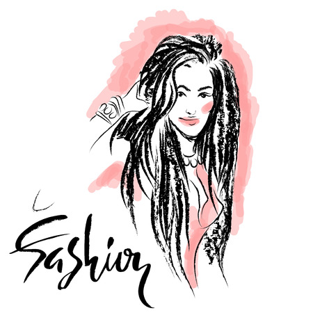 Modern girl sketch. Woman with long hairのイラスト素材