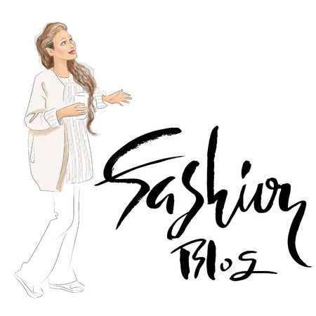 Cute girl illustration. Woman with mug of coffee. Fashion blog lettering.のイラスト素材