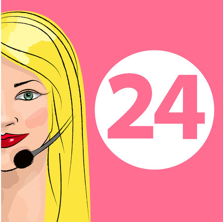 Round-the-clock telephone support. Woman dispatcher. Vector illustration. Support 24のイラスト素材