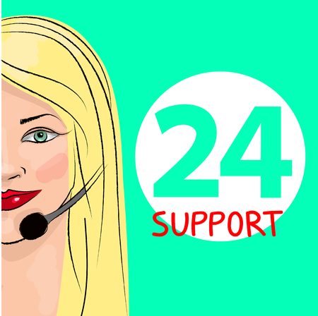 Round-the-clock telephone support. Woman dispatcher. Vector illustration. Support 24のイラスト素材
