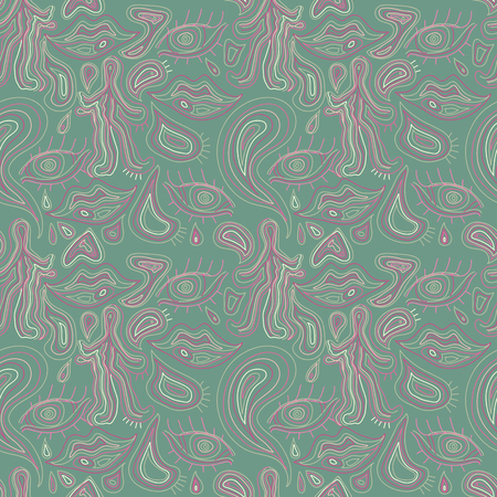 Outline hand drawn vector eye, love, smile seamless green pattern. Cute doodle modern abstract elements.のイラスト素材