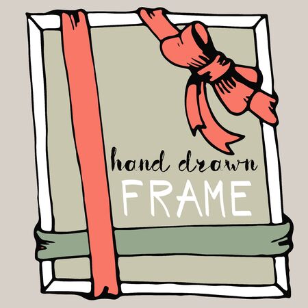 Hand drawn frame. Pink and green bow and ribbon border. Vector illustrationのイラスト素材