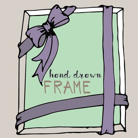 Hand drawn frame. Purple and green bow and ribbon border. Vector illustrationのイラスト素材