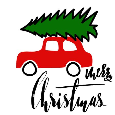 Car with a christmas tree. Vector Merry Christmas calligraphy. Handwritten modern brush lettering. Handdrawn inspirationのイラスト素材