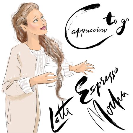 Cute vector girl illustration. Woman with mug of coffee. Coffee blog lettering.のイラスト素材