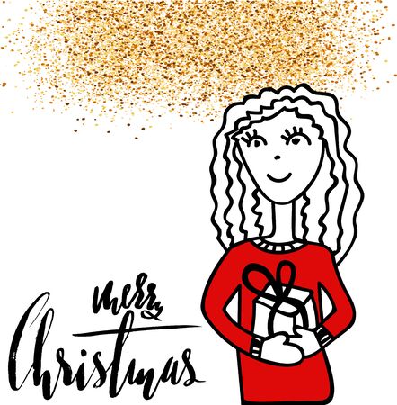 Christmas card with shining gold powder. Hand drawn girl with gift box. Handdrawn calligraphy inspirationのイラスト素材