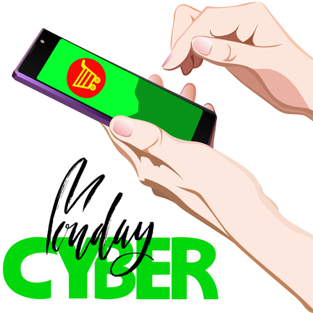 Vector of online shoping. Vector illustration. Human finger choosing smart phone and add to cart on mobile smartphone device. Cyber Monday lettering.のイラスト素材