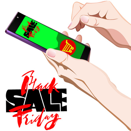 Vector background of online shoping. Vector illustration. Human finger choosing smart phone and add to cart on mobile smartphone device. Black Friday letteringのイラスト素材