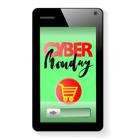 Vector background of online shoping. Add to cart on mobile smartphone device. Cyber Monday letteringのイラスト素材