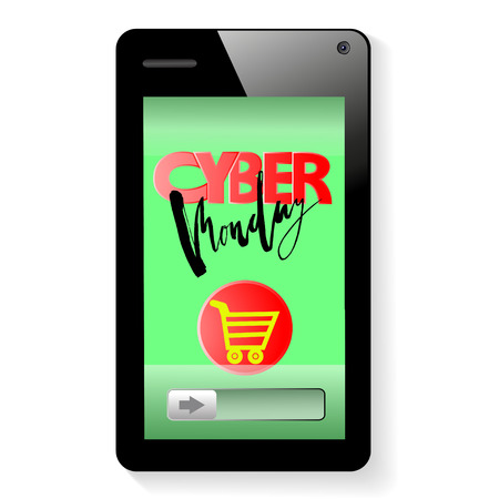 Vector background of online shoping. Add to cart on mobile smartphone device. Cyber Monday letteringのイラスト素材