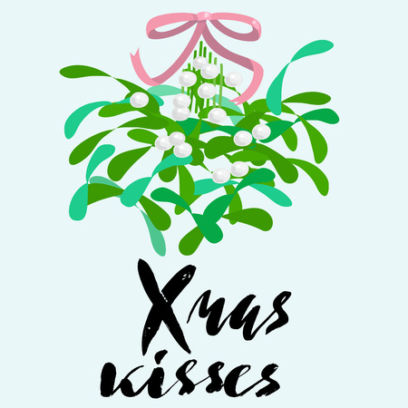 Mistletoe with pink bow and curly ribbon. Christmas lettering. Vector illustratonのイラスト素材