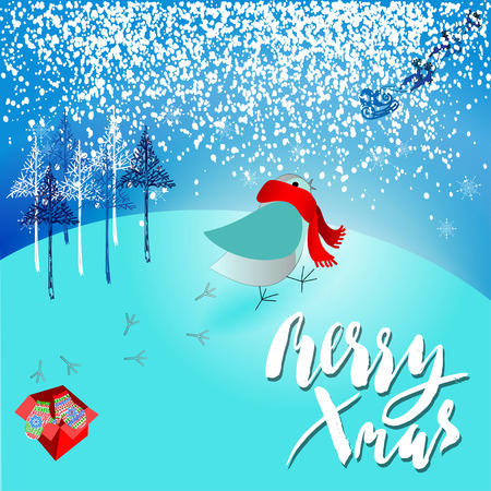 Santa Claus brought a bad gift. Angry bird dissatisfied Christmas gift. A pair of mittens. Christmas lettering. Vector illustration. EPS10のイラスト素材