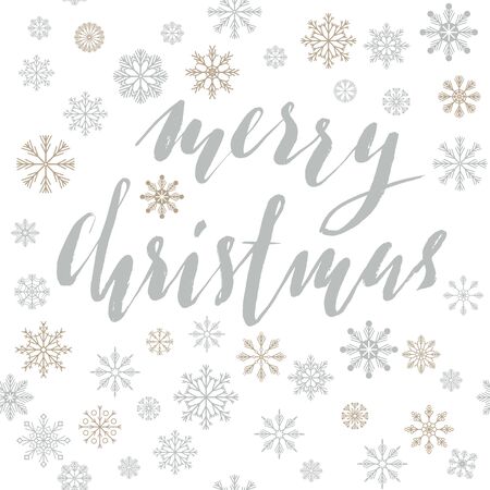 Merry Christmas gold lettering design on white background with snowflakes. Vector illustration. Snowflakes backround. EPS 10のイラスト素材