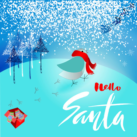Santa Claus brought a bad gift. Angry bird dissatisfied Christmas gift. A pair of mittens. Christmas lettering. Vector illustration. Hello santa.のイラスト素材