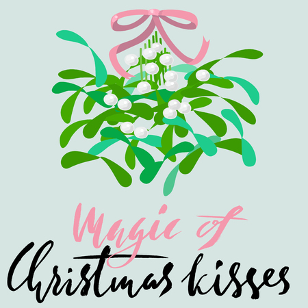 Mistletoe with pink bow and curly ribbon. Christmas lettering. Vector illustratonのイラスト素材