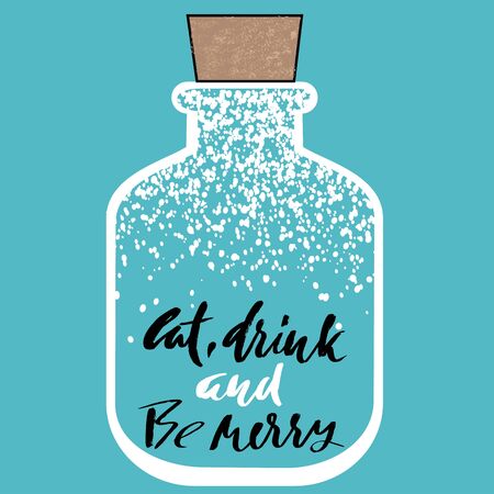 Christmas jar with snow. Greeting card with christmas lettering jn blue background. Xmas tin. Vector pot illustrationのイラスト素材