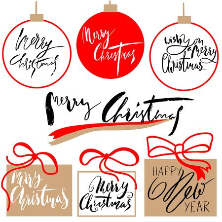 Vintage Merry Christmas And Happy New Year Handdrawn Calligraphic And Typographic labels set. Decorations elements, Symbols, Icons, Frames, Ornaments and Ribbons, setのイラスト素材
