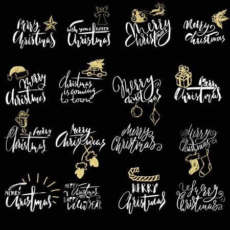 Merry Christmas handwritten lettering on black background. Typographic emblems set. Vector logo, text design and hand drawn elements. Usable for banners, greeting cards, gifts, labels.のイラスト素材