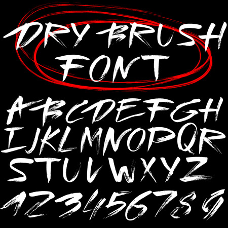 Hand drawn font. Brush stroke alphabet. Grunge style. Vector letters. White font on black backgroundのイラスト素材