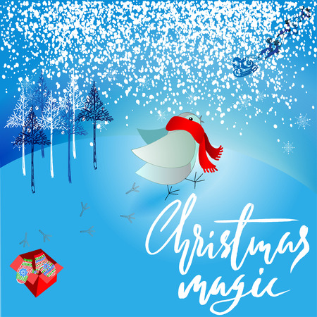Santa Claus brought a bad gift. Angry bird dissatisfied Christmas gift. A pair of mittens. Christmas lettering illustration. Christmas magic.のイラスト素材