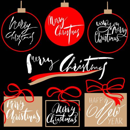 Vintage Merry Christmas And Happy New Year Handdrawn Calligraphic And Typographic labels set. Decorations elements, Symbols, Icons, Frames, Ornaments and Ribbons.のイラスト素材