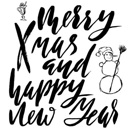Merry christmas and happy new year typography. Handdrawn snowman. Xmas lettering.のイラスト素材