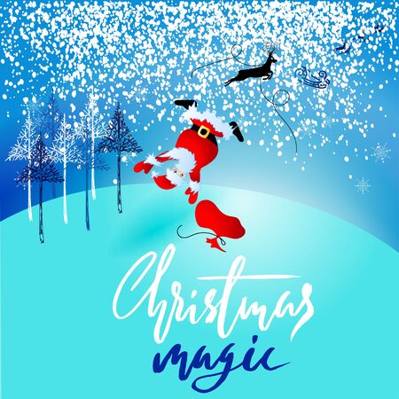 Santa Claus fall from sleigh with harness on the reindeer. Vector illustration. Chtistmas handwritten lettering.のイラスト素材