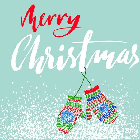 Merry Christmas. Modern calligraphy for Christmas cards and posters. Vector lettering with cute mitten pair.のイラスト素材