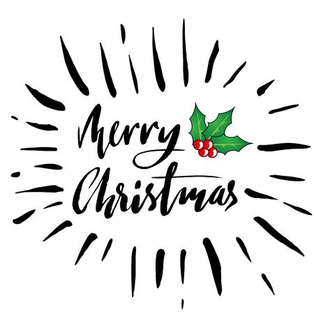 Greeting card with a holly berries and Merry Christmas message. Christmas lettering.のイラスト素材