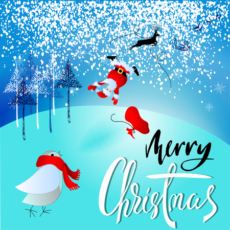Santa Claus fall from sleigh with harness on the reindeer. Vector illustration. Chtistmas handwritten lettering.のイラスト素材