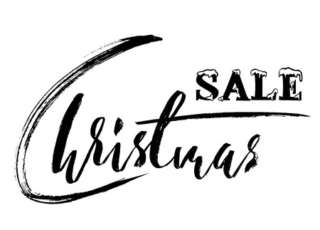 Christmas sale hand drawn lettering. Handmade calligraphy in white black color isolated on white background for your design. Vector illustration.のイラスト素材